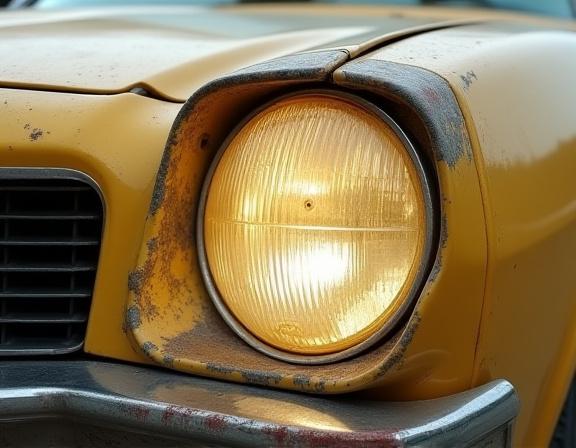 A cloudy, yellowed, and oxidized car headlight.