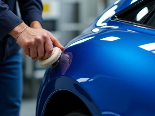 A detailer carefully polishing the side of a blue car.